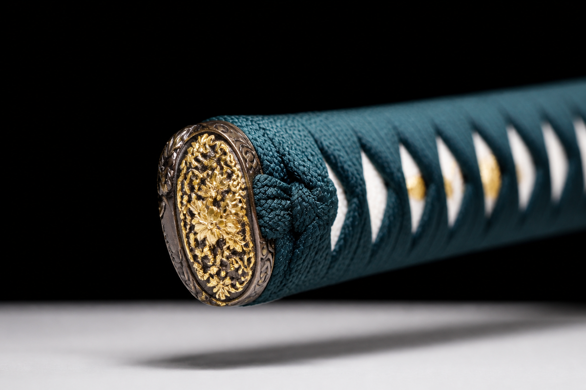 Unsharpened Pan Collector Katana — Grade 45 Carbon Steel, Lacquered Hardwood Saya — kashira detail