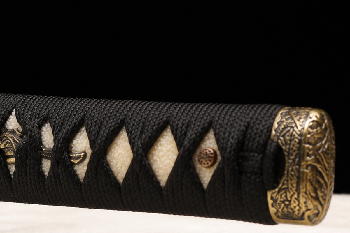 Plum Blossom Wakizashi — Sanmai T1095, Patterned Steel, Copper Fittings — kashira detail