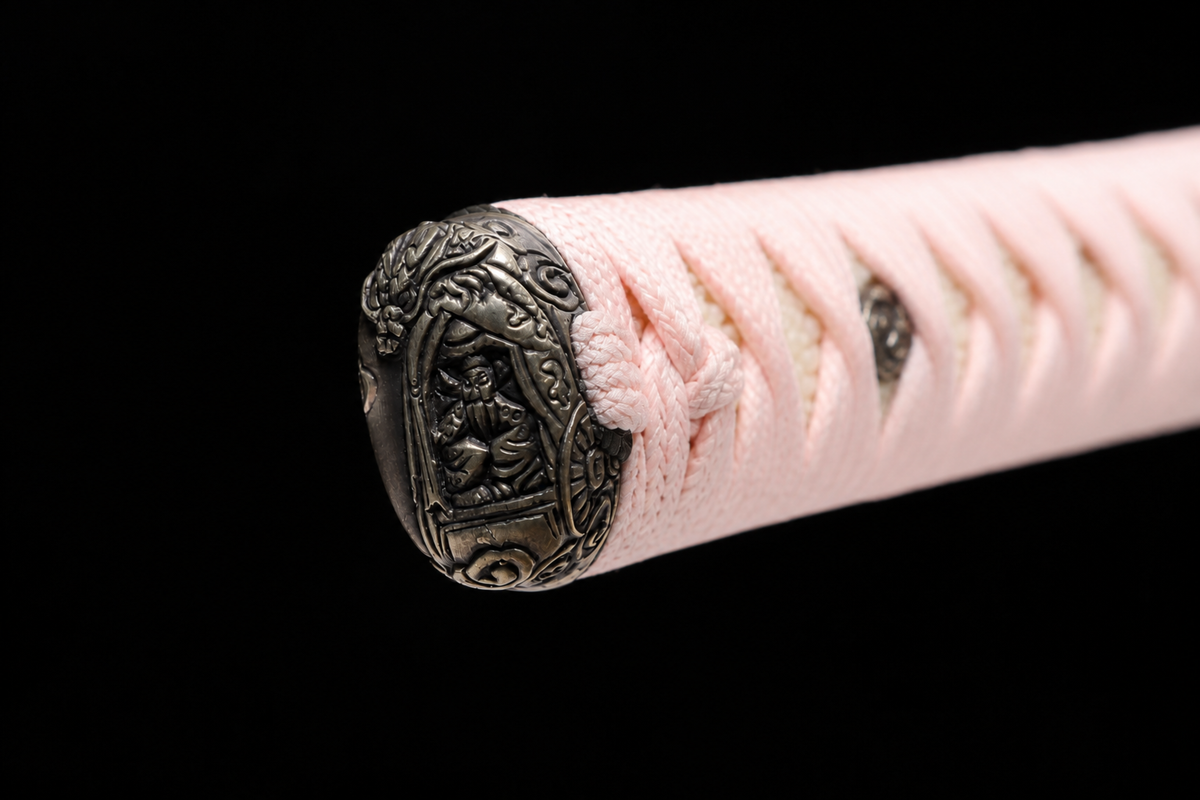 Deep-Curve Tachi — Patterned Steel, Coral Saya, Sakura Ito — kashira detail