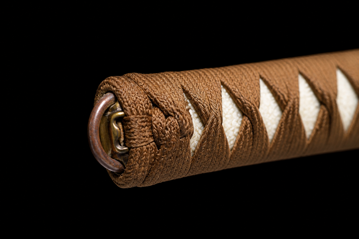 Kobuse Jigane Type 98 Sword — Tan Ito, Brown Leather Saya — photograph 4
