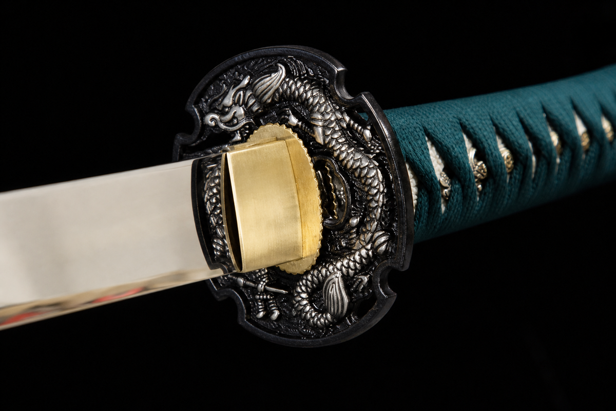 Unsharpened Hira-Zukuri Silver-Dragon Collector Katana — Mirror Polish, Alloy Fittings — tsuba detail