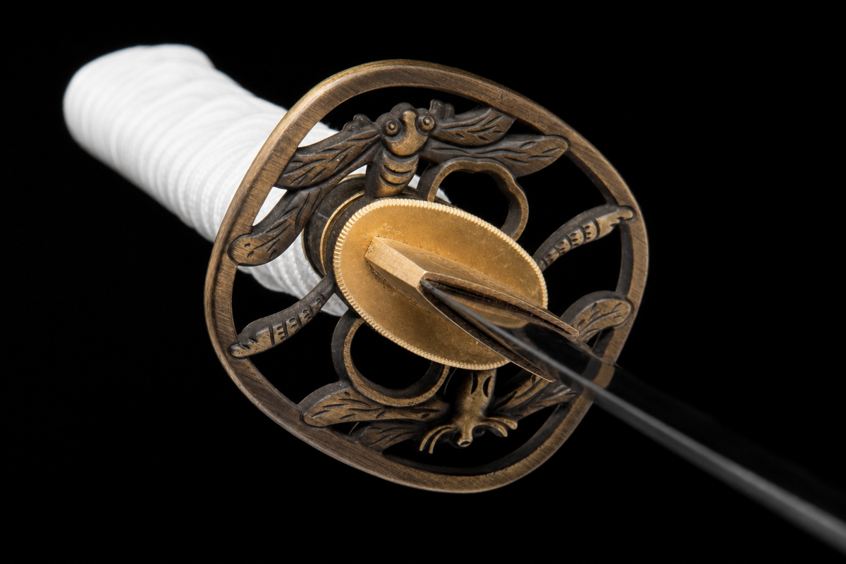 Unsharpened Platinum-Tone Collector Katana — 1065 Steel, White Dragonfly Tsuba — tsuba detail