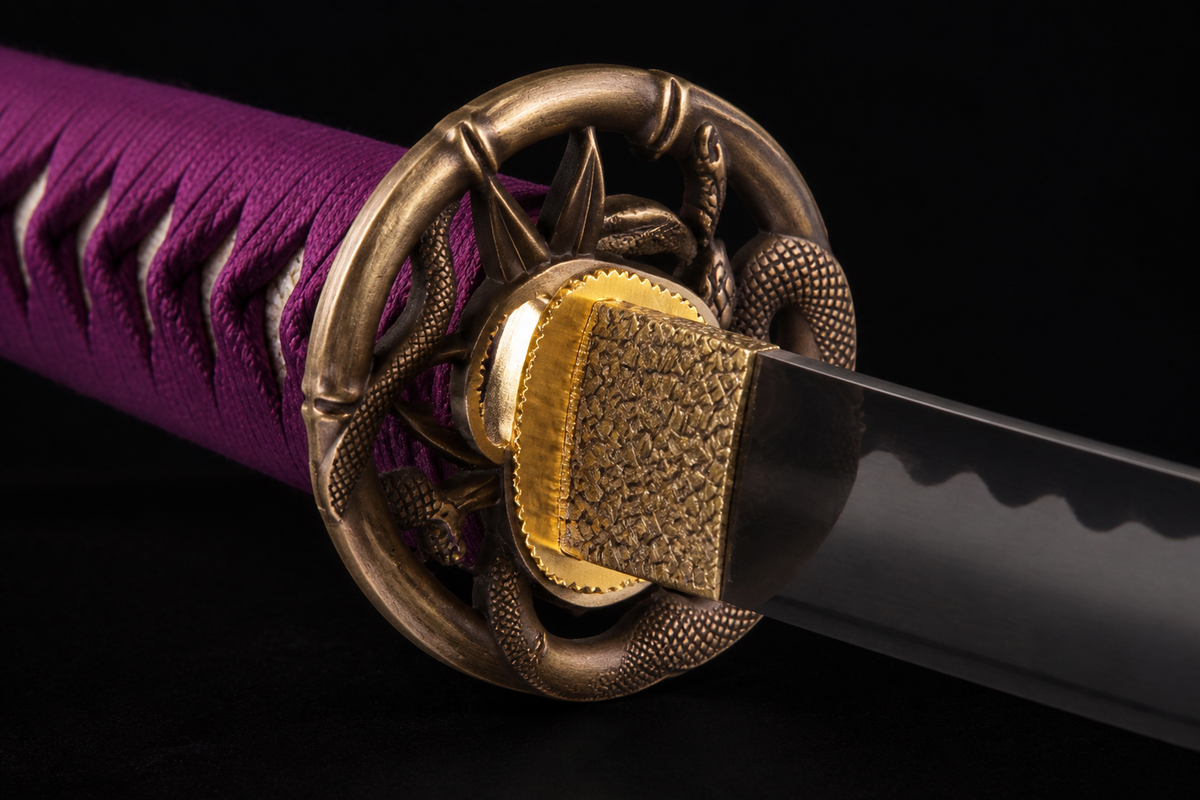 Unsharpened Serpent-Motif Collector Katana — Grade 45 Carbon Steel, Lacquered Hardwood Saya — tsuba detail