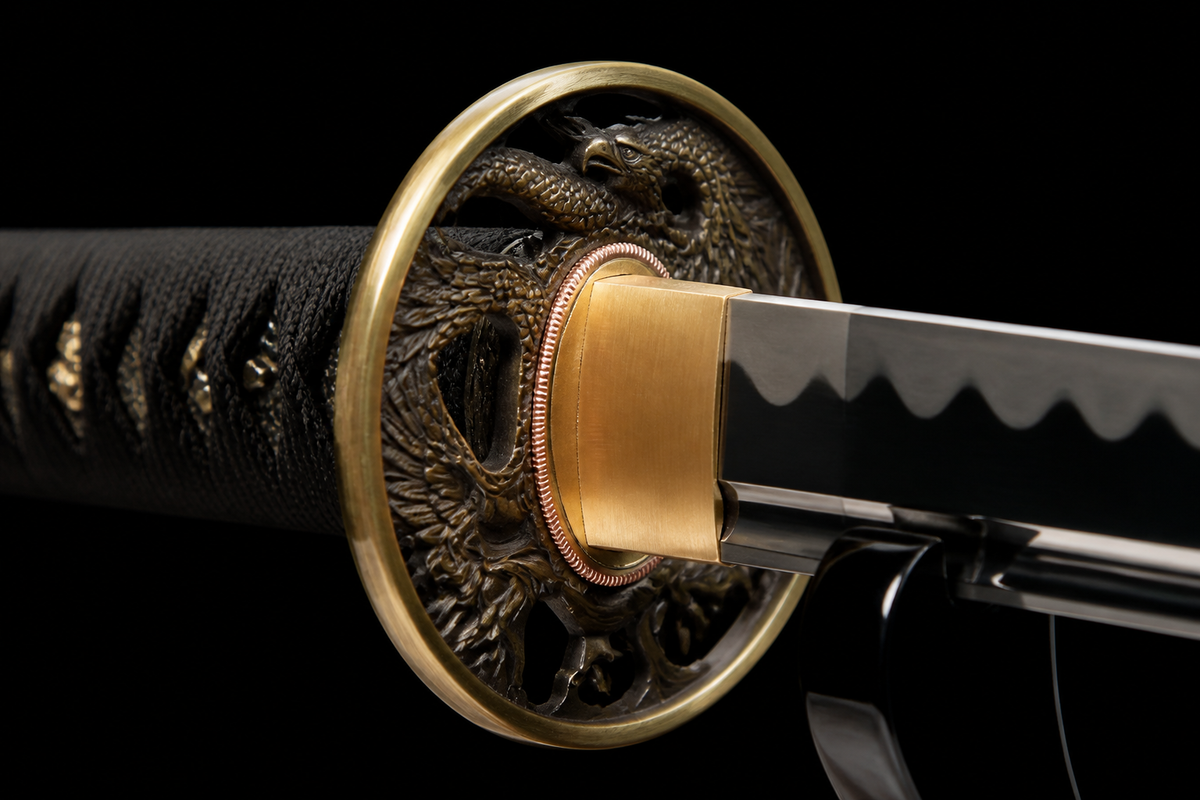 Eagle-Motif Katana — Mirror-Polished 5160, Black Lacquered Saya — tsuba detail