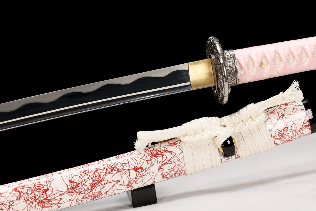 Unsharpened Python-Motif Collector Katana — 5160 Spring Steel, Copper-Alloy Fittings — 鎺近刃下绪连接细节