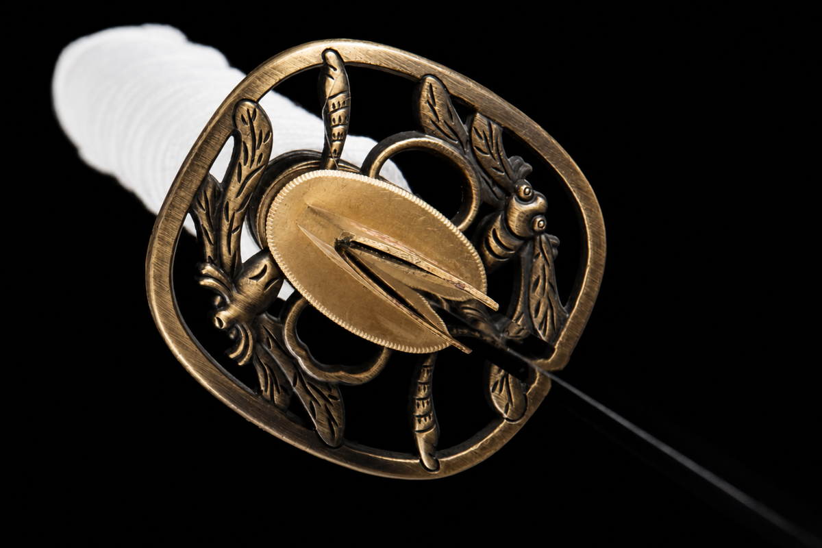 Unsharpened White Dragonfly Collector Katana — 1065 Steel, Piano-Lacquer Saya — tsuba detail