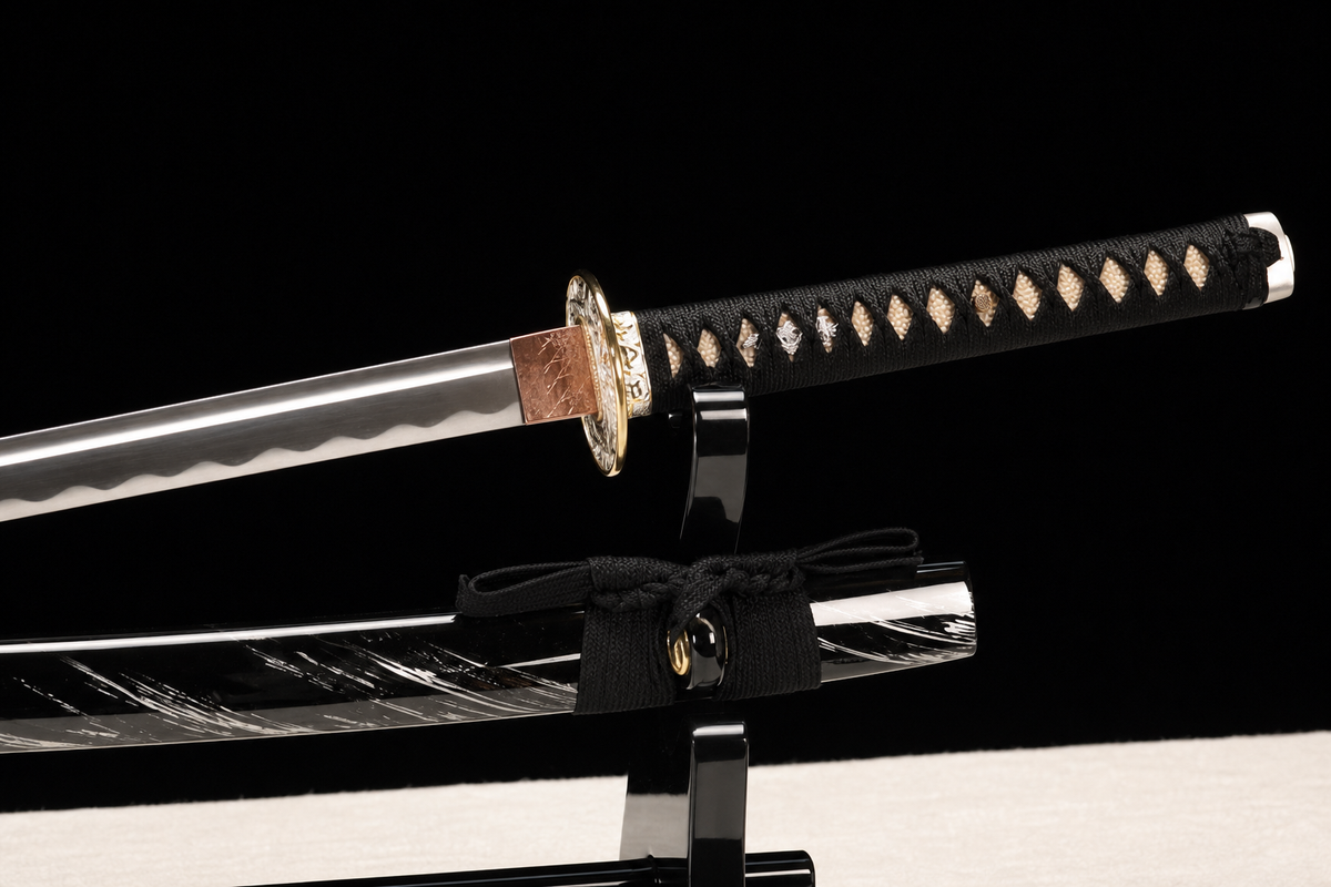 Drifting Shadow Katana — Streaked Black Saya, Copper Seppa — tsuka and blade detail
