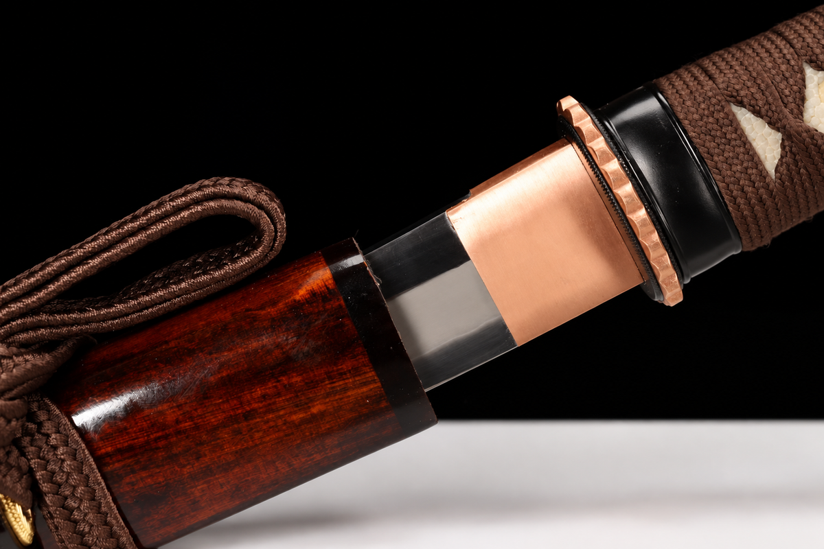 Unsharpened Collector Wakizashi — T10 Tool Steel, Clay-Tempered, Copper Tsuba — blade and mount junction
