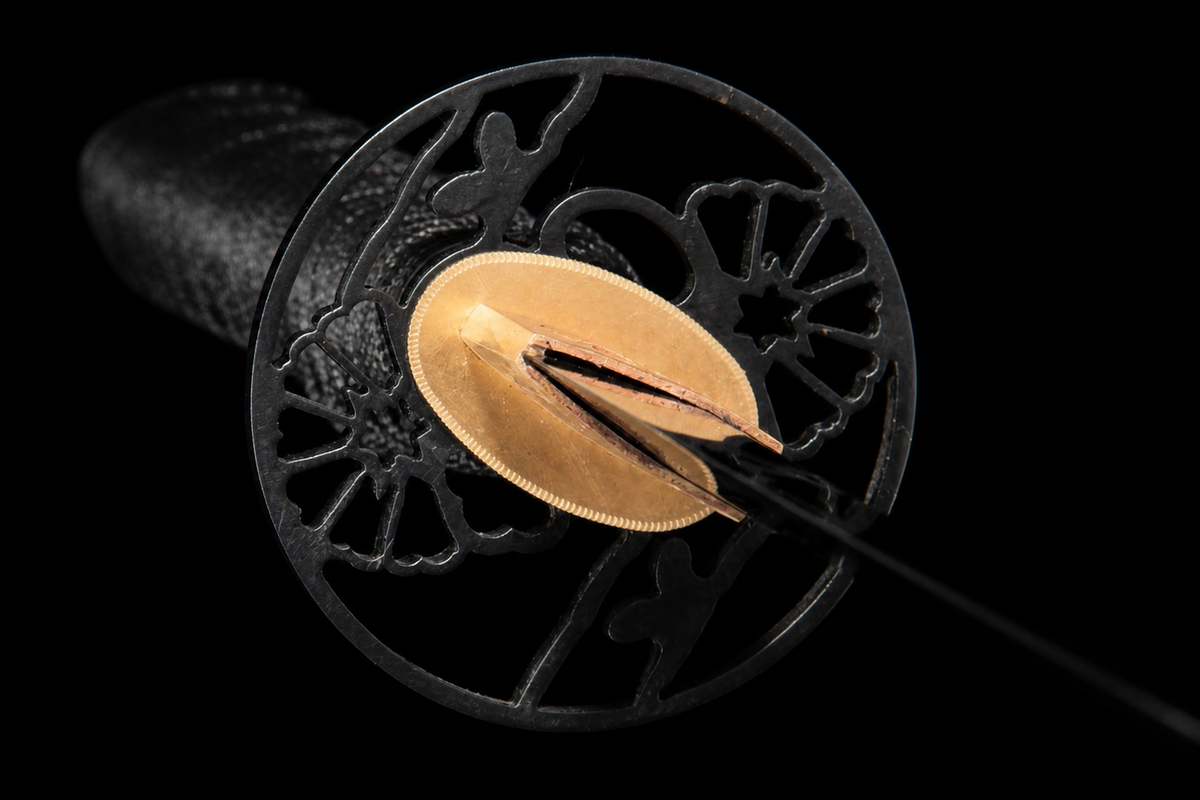 Unsharpened Lotus-Openwork Collector Katana — Clay-Tempered T10, Iron Tsuba — tsuba detail