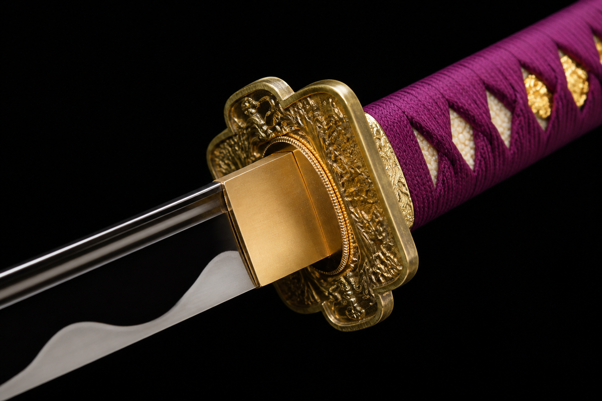 Purple Cloud Tachi — Mirror-Polished 1060, Burgundy Kamon Saya — tsuba detail