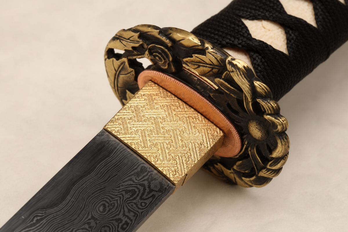Plum Blossom Wakizashi — Sanmai T1095, Patterned Steel, Copper Fittings — tsuba detail