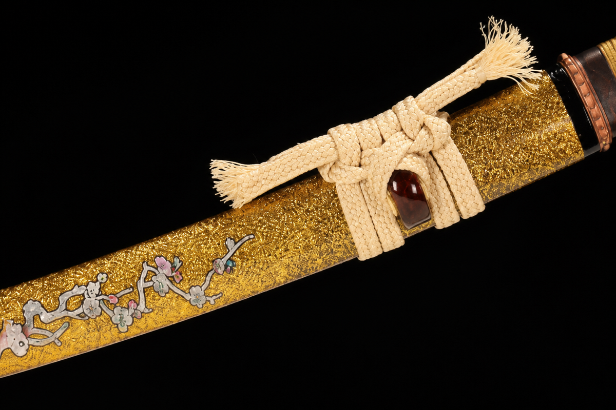 Unsharpened Golden-Crow Collector Wakizashi — Clay-Tempered, Red-Copper Tsuba — detail view