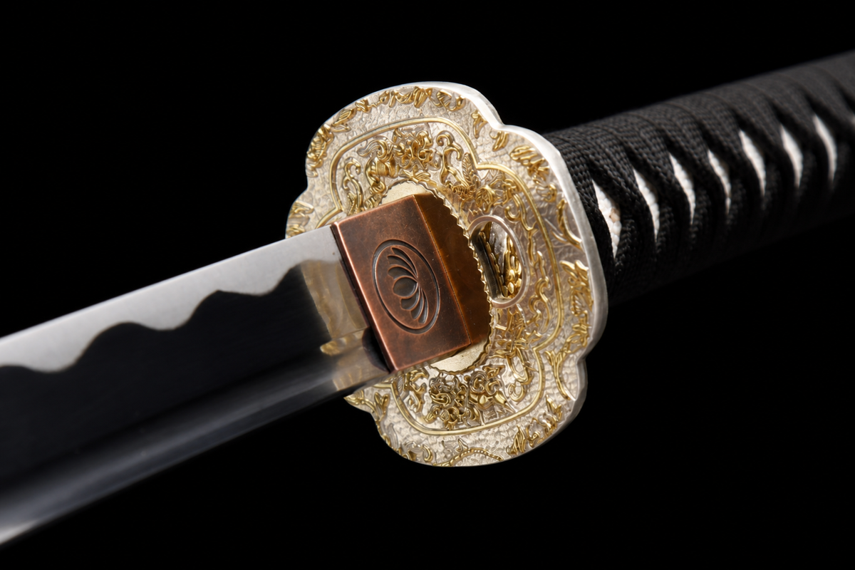 Chonglou Katana — Gold-Painted White Saya, Floral Mokko Tsuba — tsuba detail