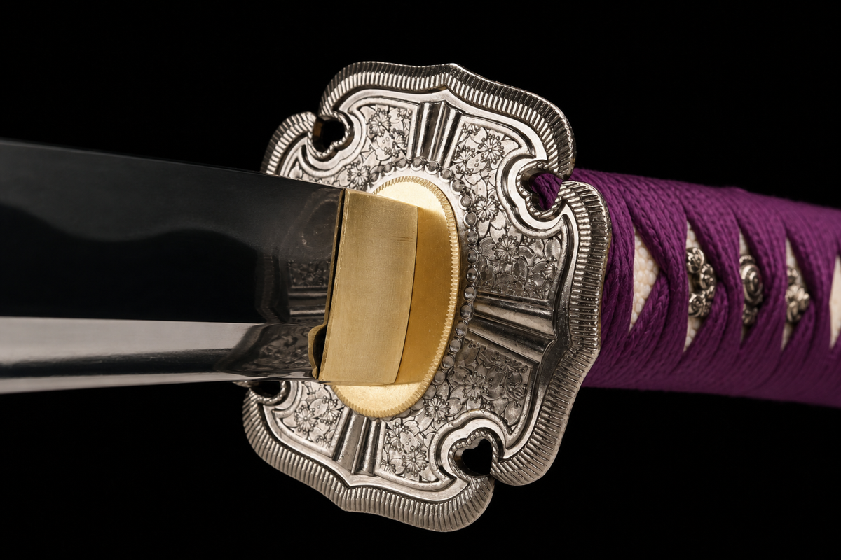Unsharpened Viper-Pattern Deep-Curve Collector Tachi — 5160 Steel, Mirror Polish — tsuba detail