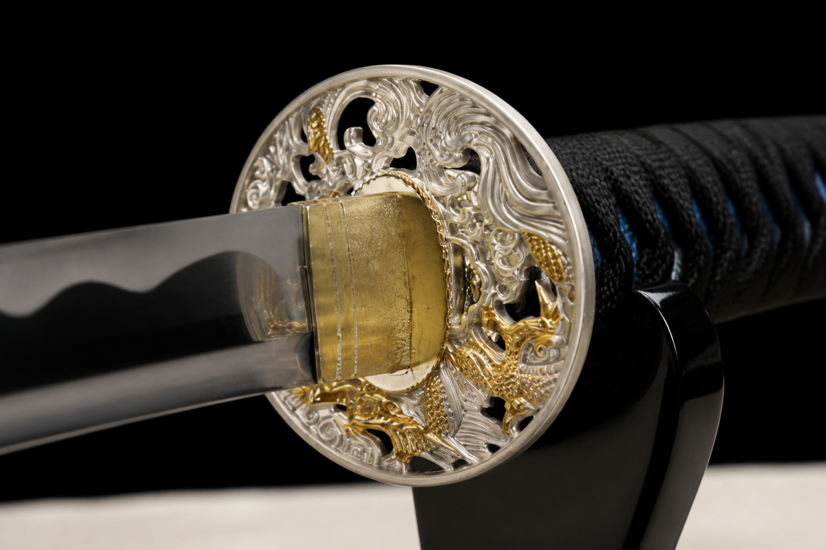Ocean Dragon Katana — Teal Cloud Saya, Silver Wave Tsuba — tsuba detail