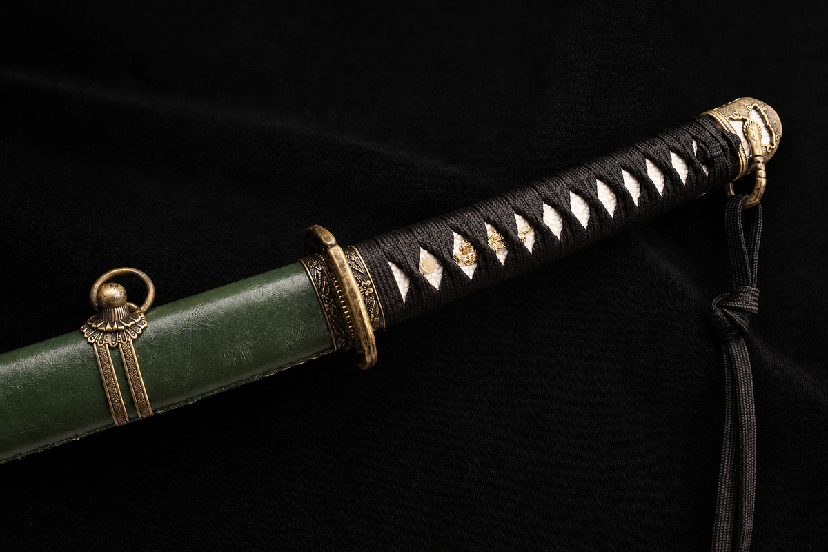 Unsharpened Type 98 Gunto Reproduction — Mirror-Polished, Leather-Wrapped Saya — 悬挂环鞘口柄绳细节