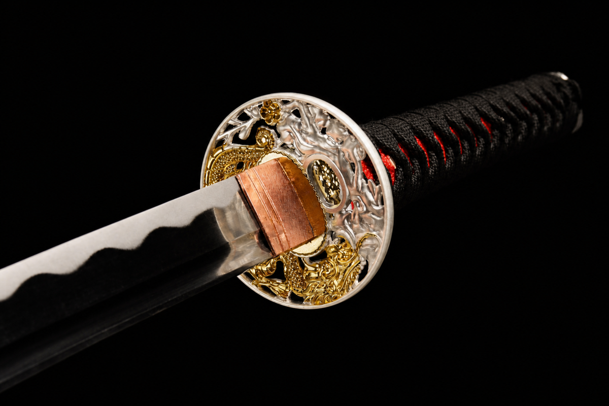 Dragon Plum Katana — Black Kamon Saya, Red-Accent Ito — tsuba detail