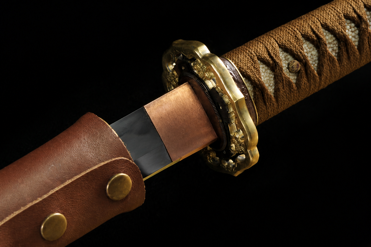 Folded Steel Type 98 Sword — Tan Ito, Studded Leather Saya — photograph 5