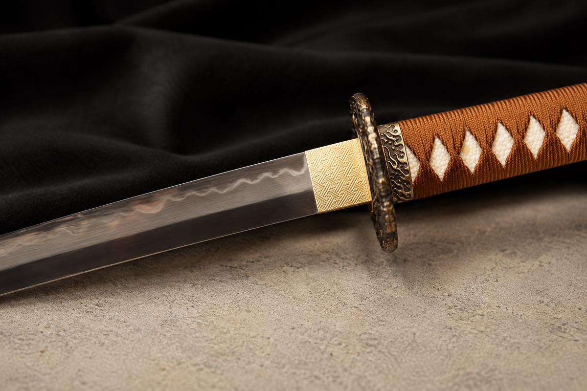 Unsharpened Collector Katana — T10 Tool Steel, Clay-Tempered, Copper Mounts — blade and mount junction