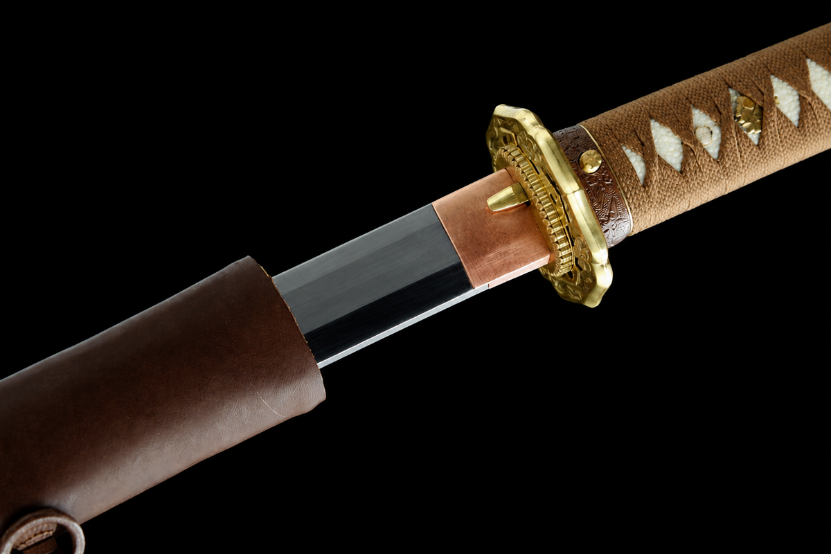 Folded Steel Type 98 Sword — Tan Ito, Brown Leather Saya — photograph 5
