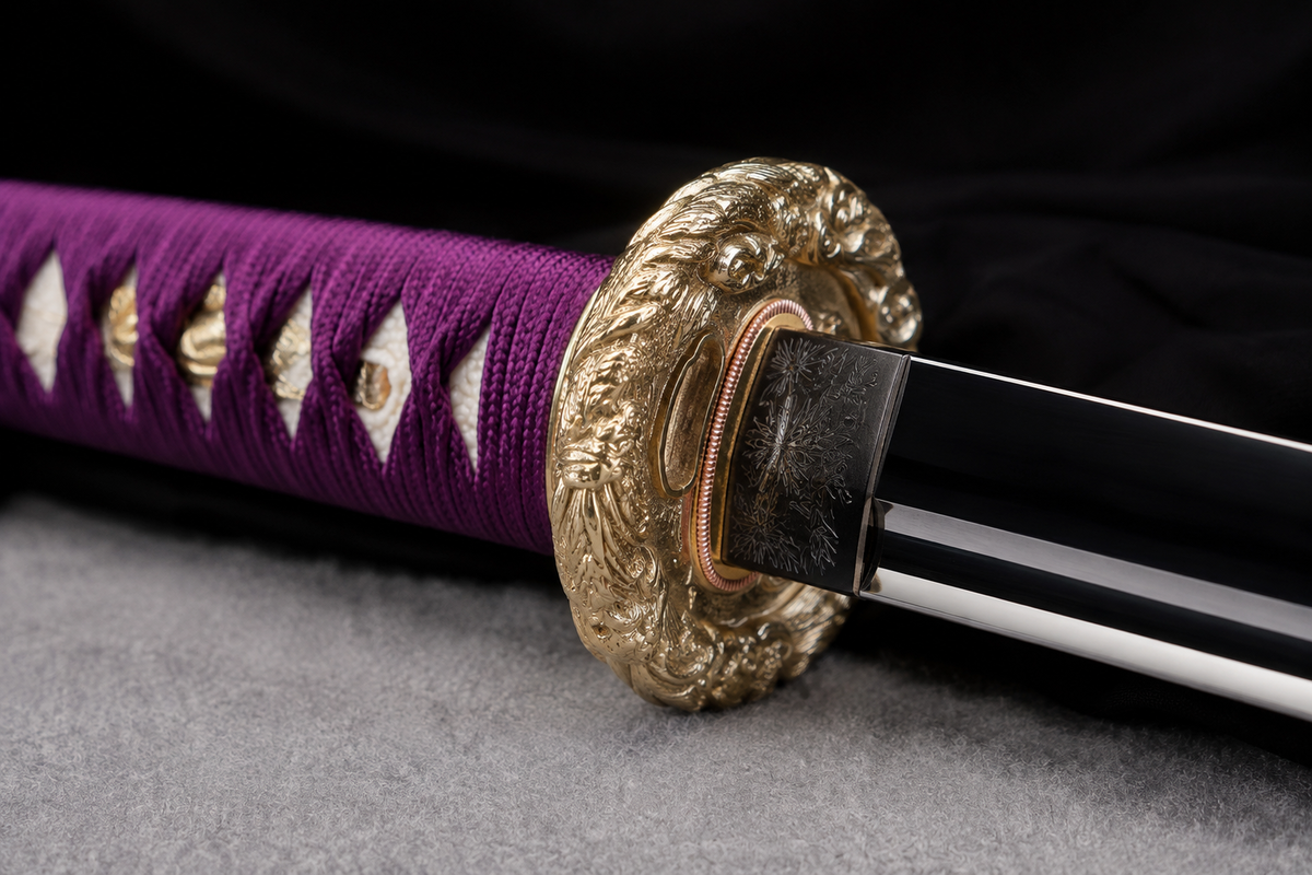 Unsharpened Purple-Flame Collector Katana — Slim Saya, Copper Fittings — tsuba and habaki junction