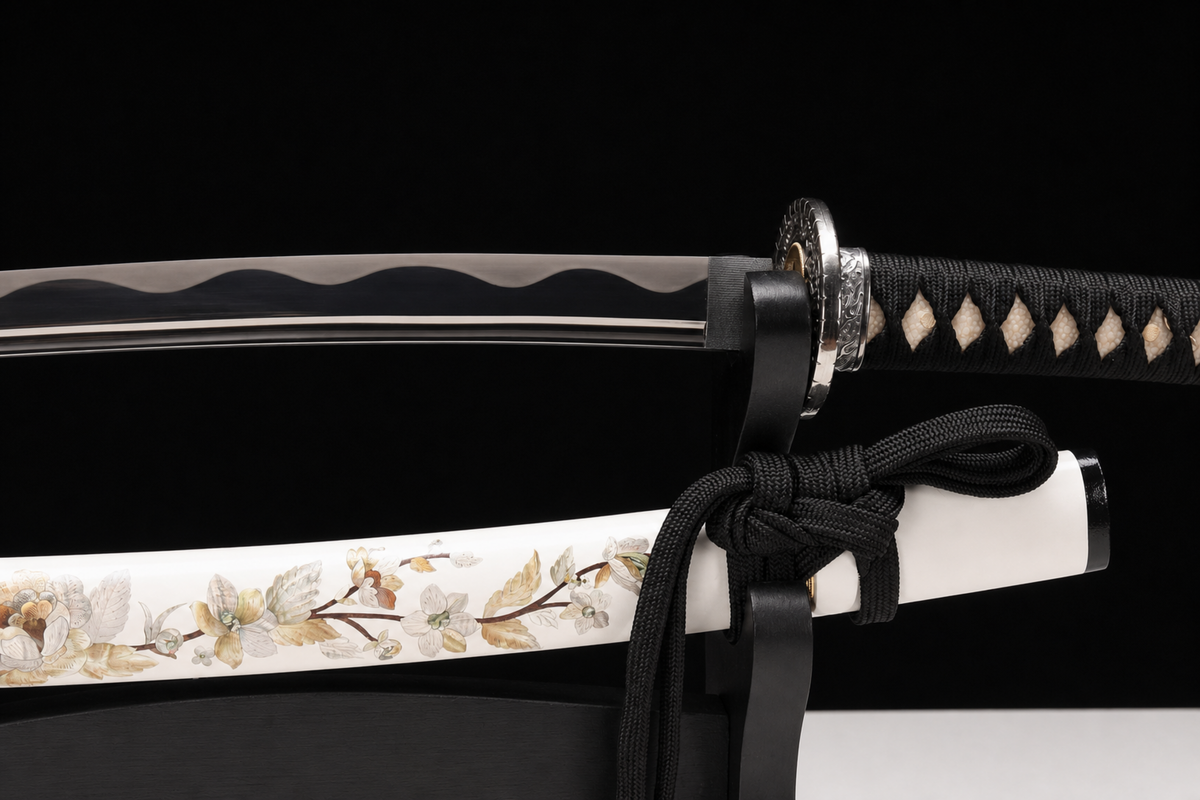 Unsharpened Lantern-Motif Collector Wakizashi — 5160 Steel, Copper-Alloy Fittings — 出鞘装具与刀鞘同框