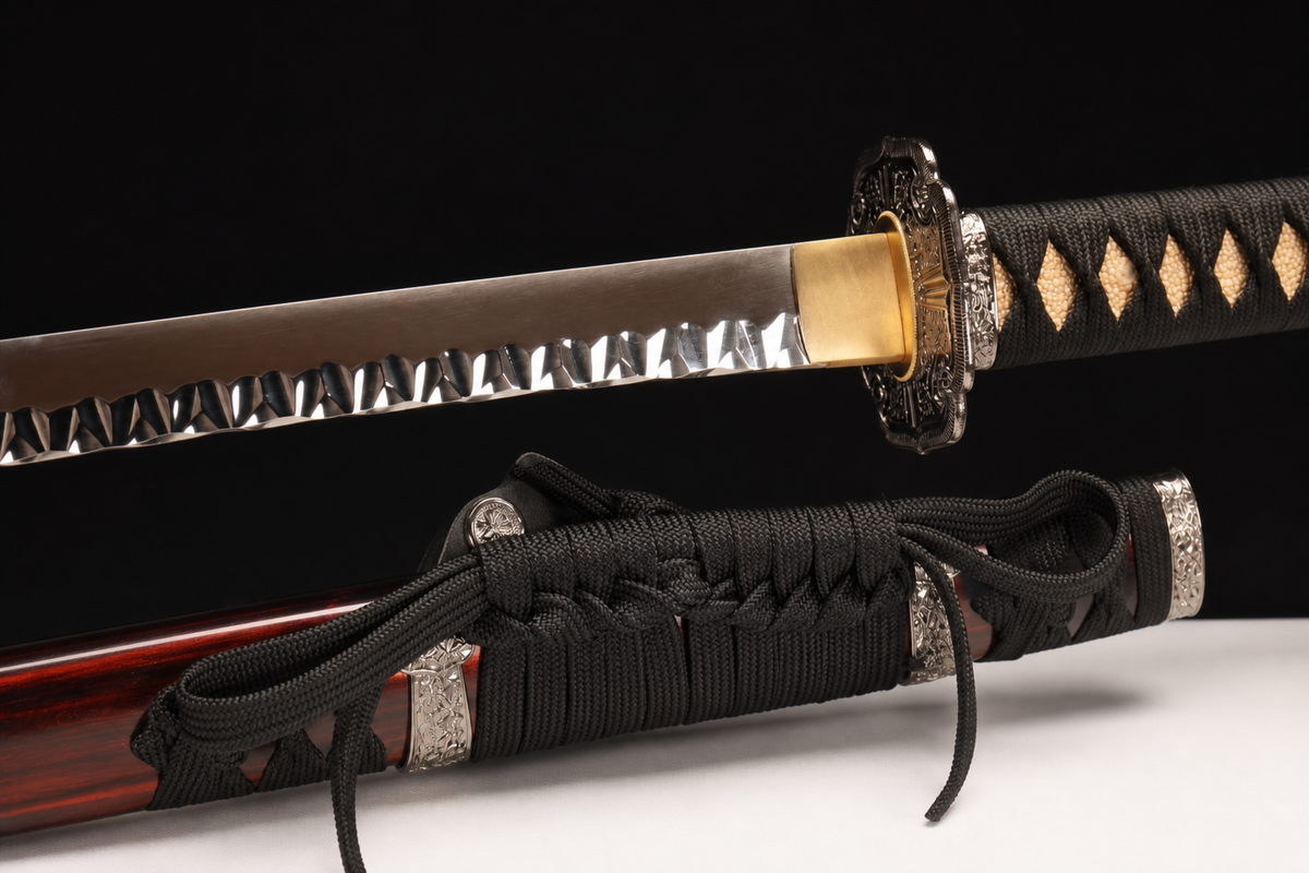 Unsharpened Tokugawa Hammered-Finish Collector Tachi — T10 Tool Steel, Alloy Fittings — habaki and koiguchi detail