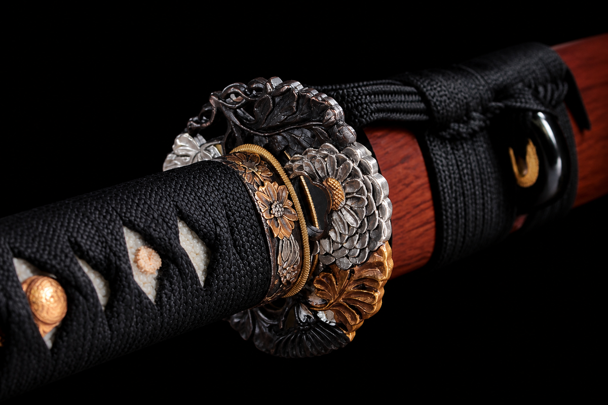 T10 Midare Short Sword — Black Ito, Wood Saya — photograph 5