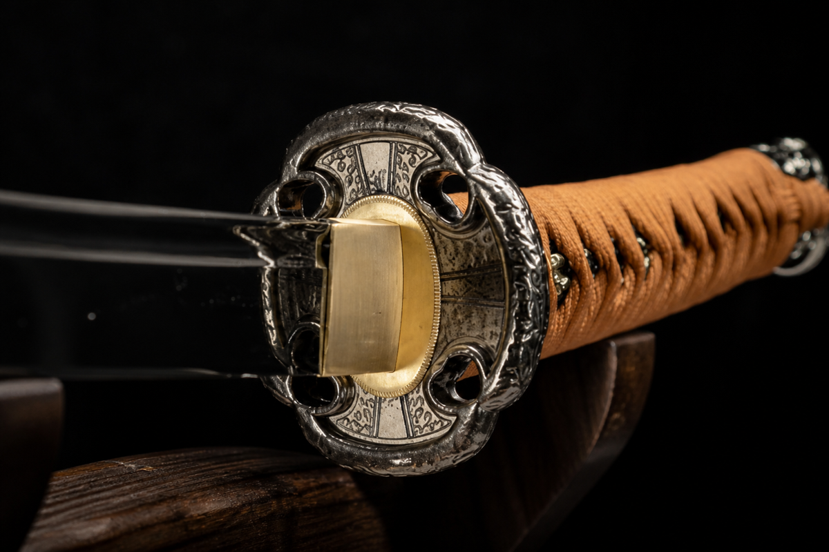 Unsharpened Deep-Curve Collector Tachi — 1060 Steel, Mirror Polish — tsuba detail