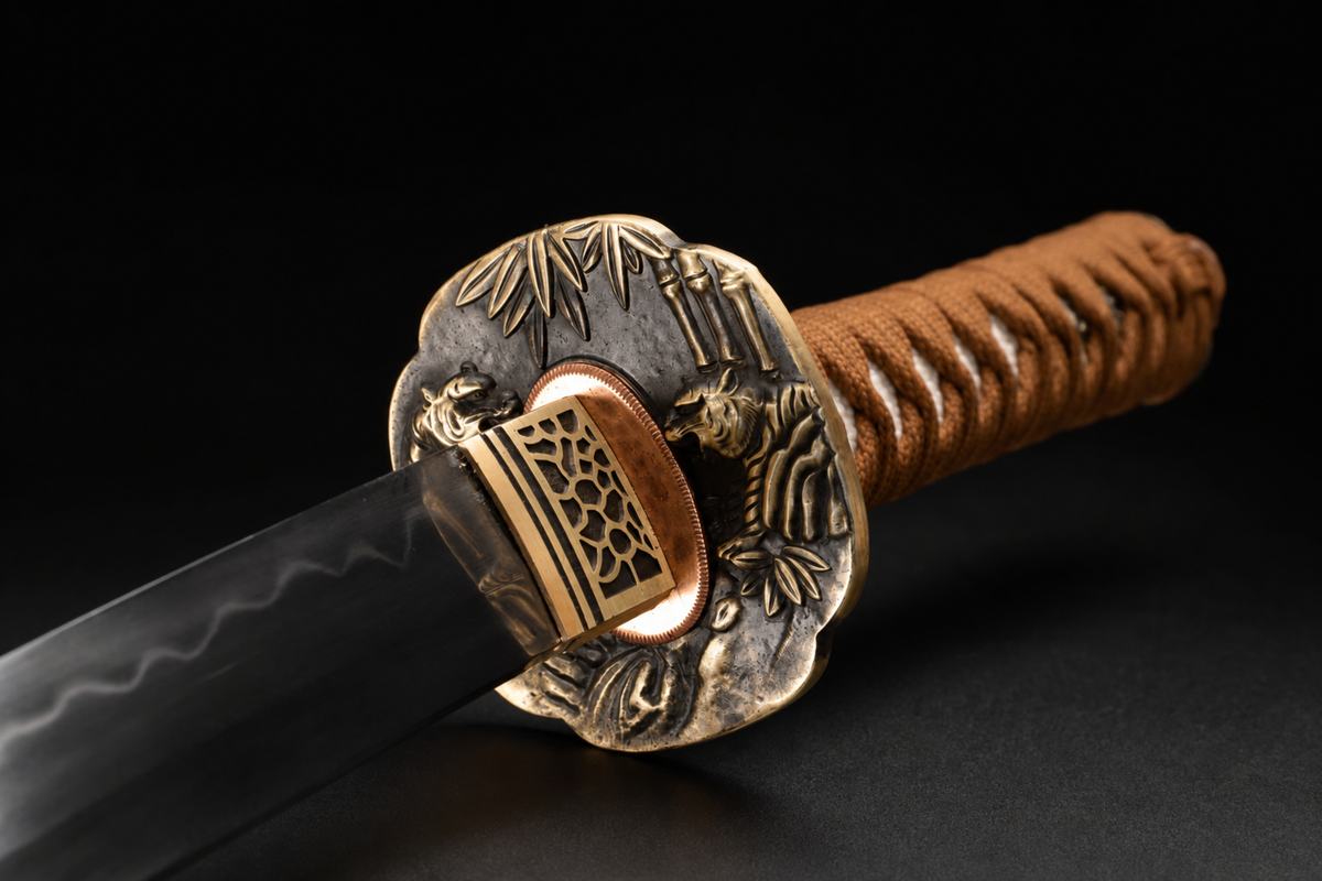 Unsharpened Bamboo-Tiger Collector Wakizashi — Clay-Tempered T10, Copper Fittings — tsuba and habaki junction