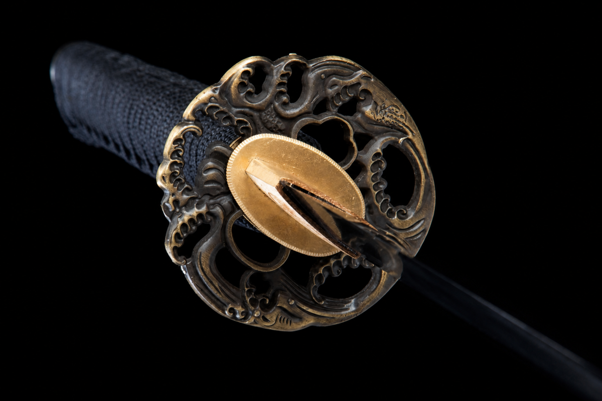 Unsharpened Twin-Fish Wave Collector Katana — 1065 Steel, Piano-Lacquer Saya — tsuba detail