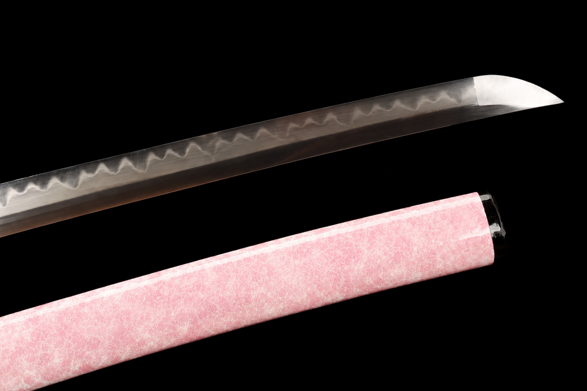 Unsharpened Pink Collector Katana — T10 Tool Steel, Clay-Tempered, Bo-Hi — saya detail