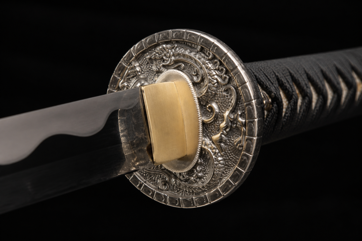 Unsharpened Cloud-Dragon Collector Katana — 5160 Spring Steel, Copper-Alloy Fittings — tsuba detail