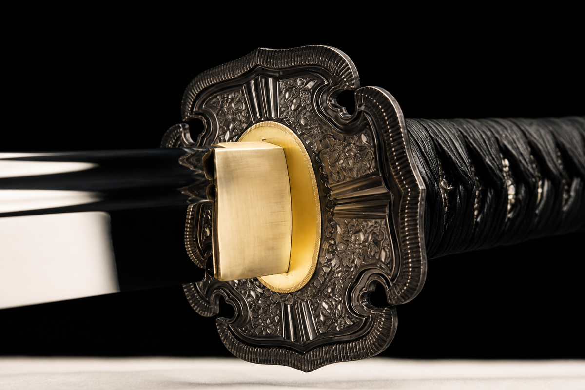 Han-Tachi Katana — Mirror-Polished 5160, Textured Black Saya — tsuba detail