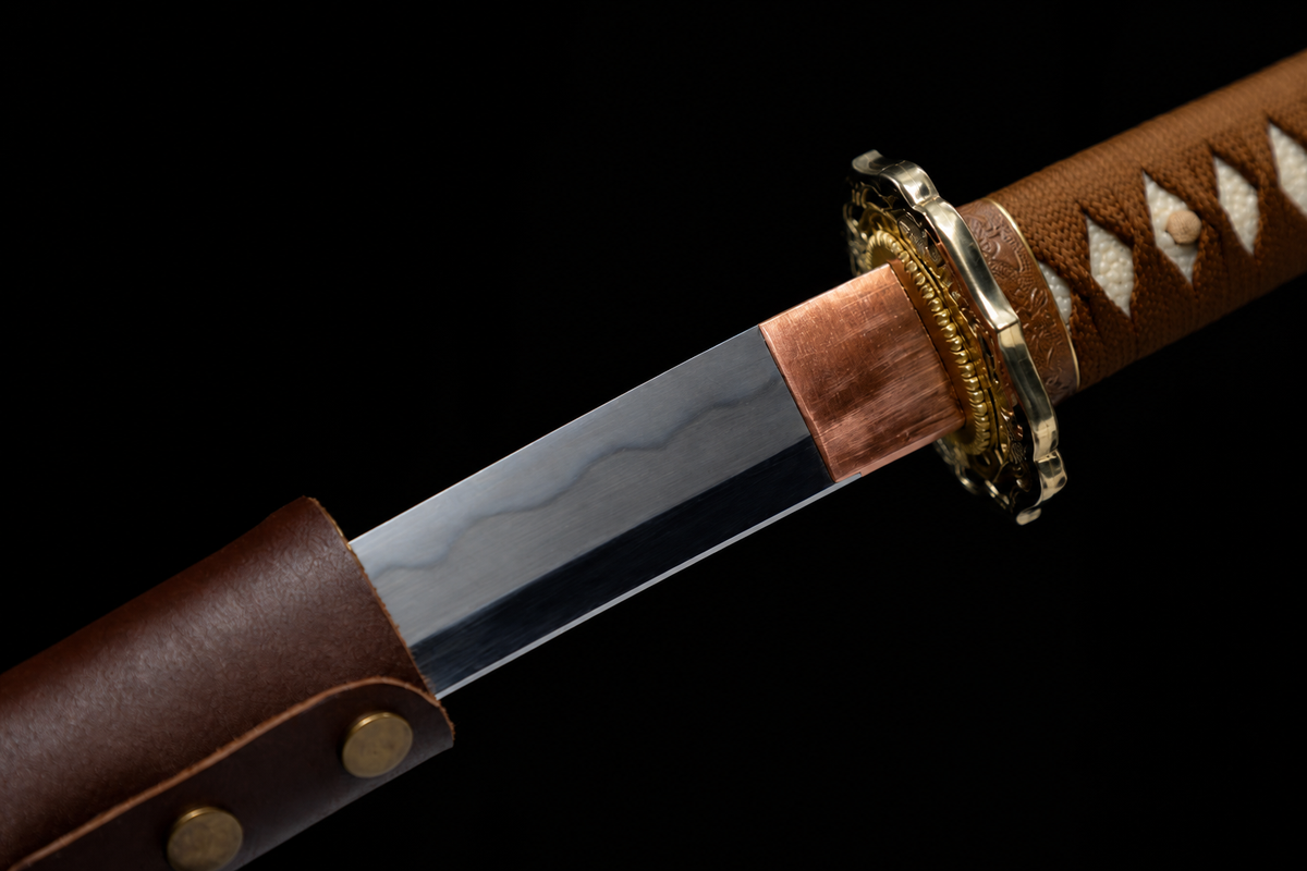 Kobuse Jigane Type 98 Sword — Tan Ito, Brown Leather Saya — photograph 5