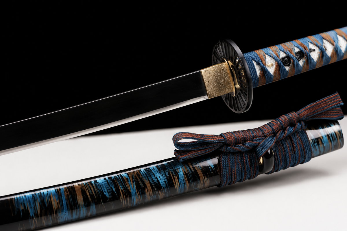 Unsharpened Hira-Zukuri Collector Katana — Carbon Steel, Plain Iron Mounts — blade and mount junction