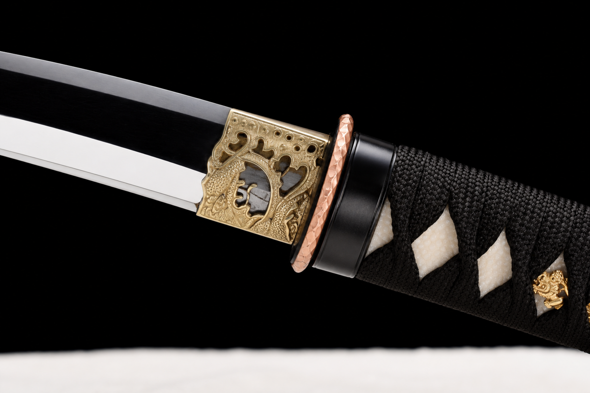 Shell-Inlay Wakizashi — Mirror-Polished 1065, Copper Fittings — fitting junction detail
