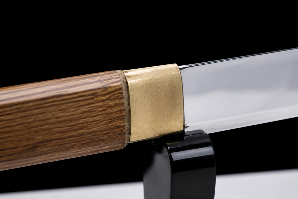 Wenge Tanto — Shinogi Blade, Brass Habaki — brass fitting detail