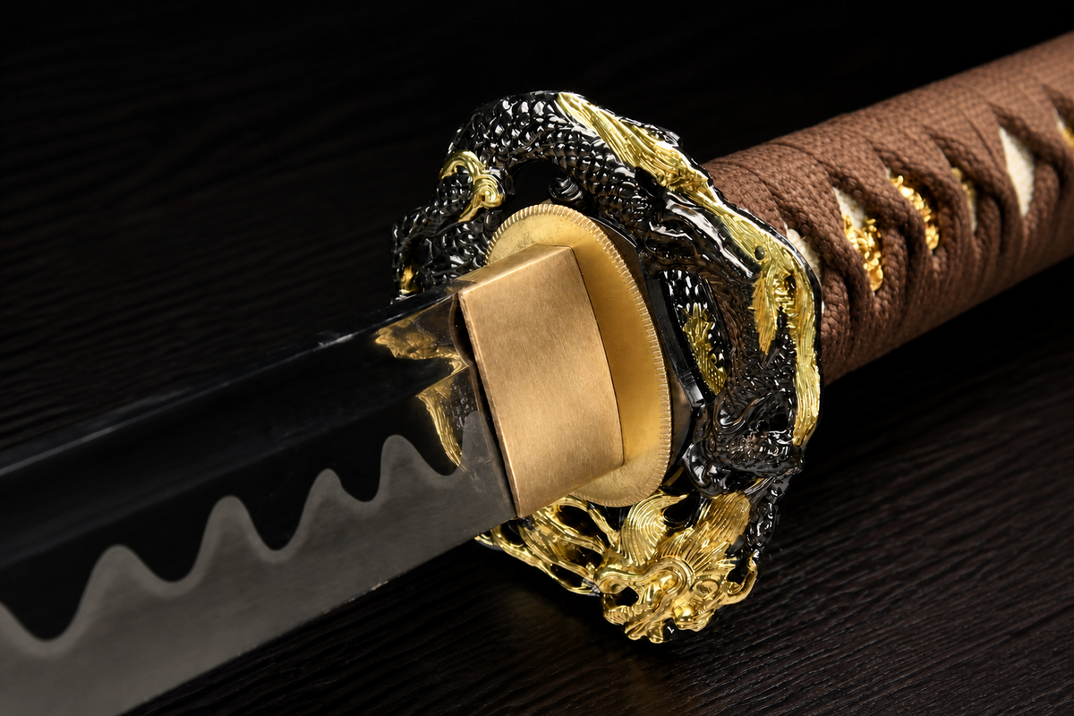 Unsharpened Twin Cloud-Dragon Relief Collector Katana — 5160 Steel, Slim Saya — tsuba detail