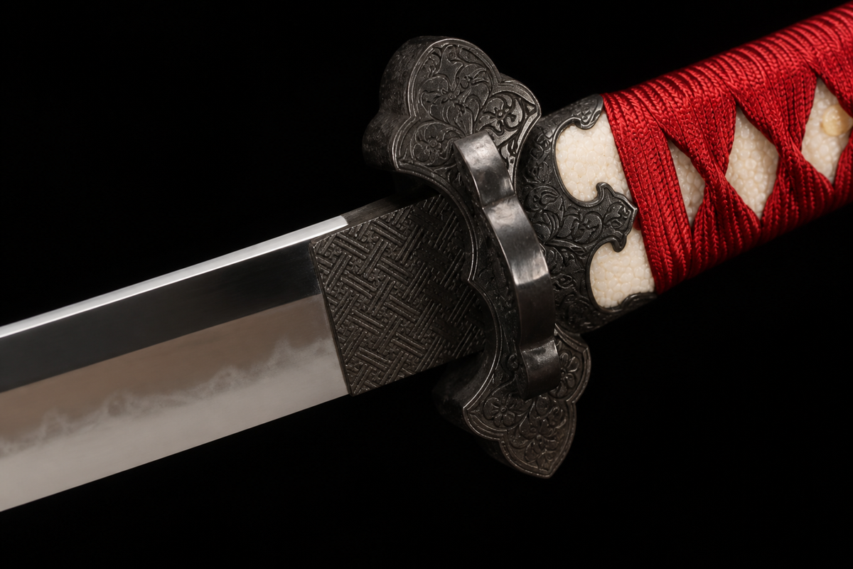 Unsharpened Shogunate Collector Tachi — Clay-Tempered, Wild Rayskin Tsuka — tsuba detail
