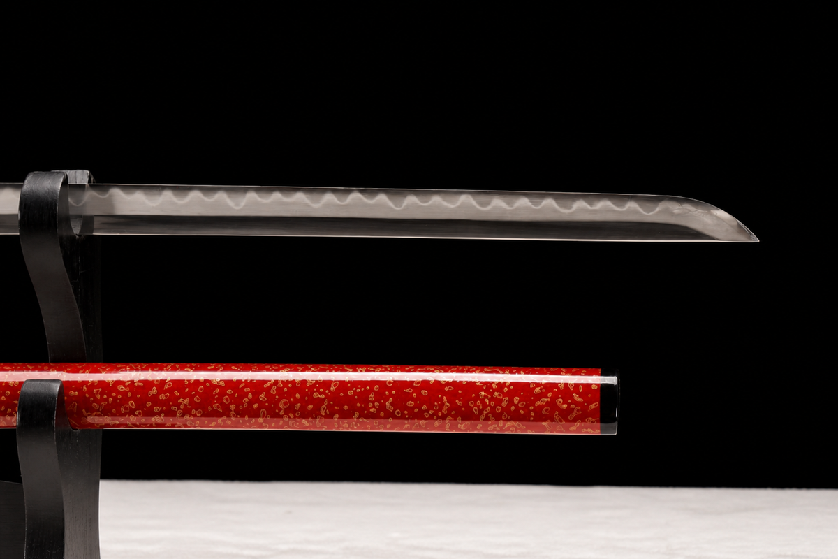 Unsharpened Straight-Blade Ninjato Collector Sword — T10 Tool Steel, Clay-Tempered — saya detail
