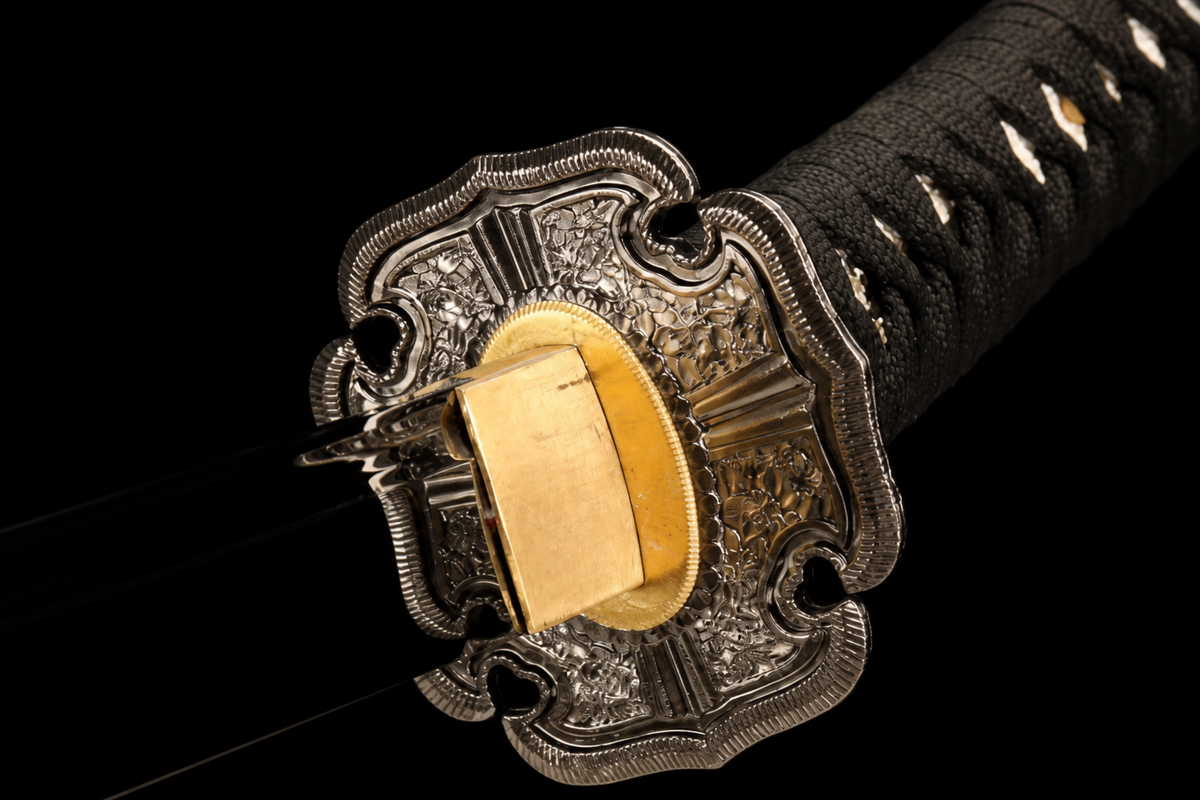 Angled-Tsuka Katana — Mirror-Polished 5160, Plum-Pattern Saya — tsuba detail