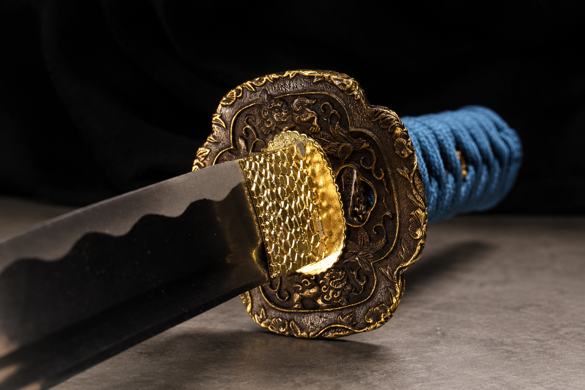 Unsharpened Compact Collector Wakizashi — Grade 45 Carbon Steel, Alloy Fittings — blade and mount junction