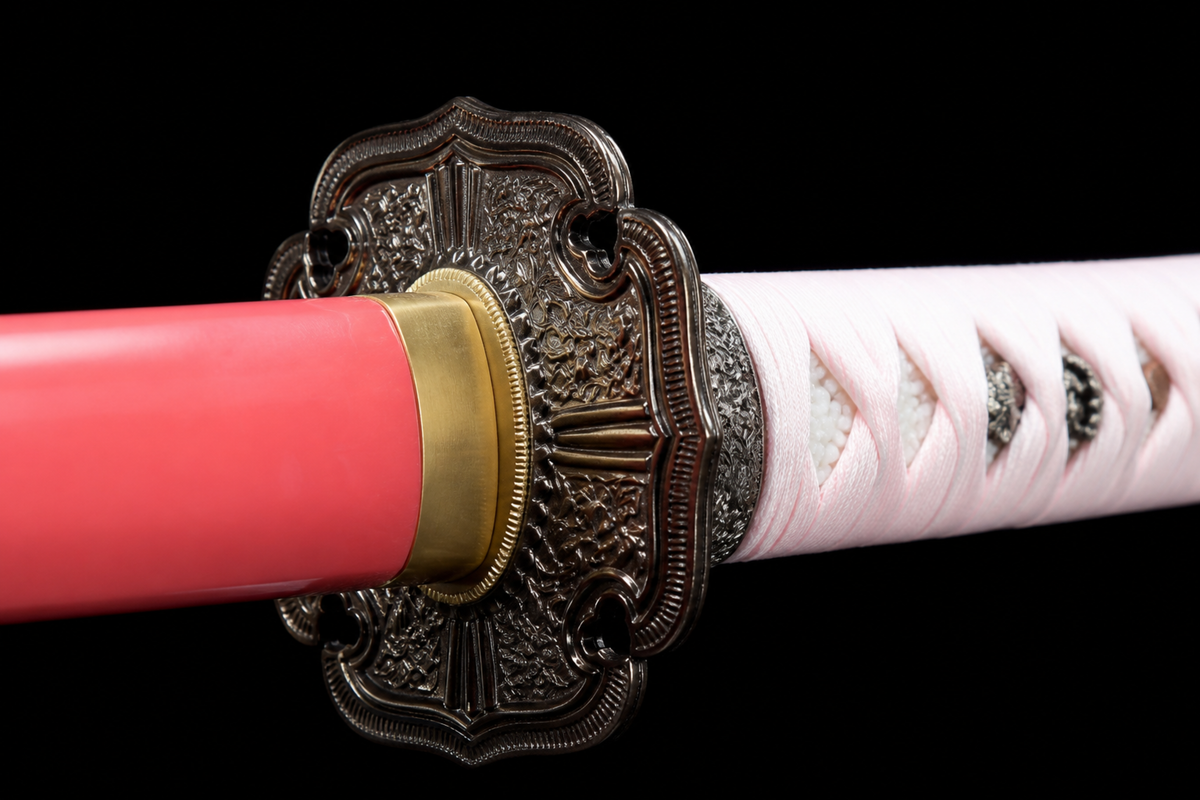 Deep-Curve Tachi — Patterned Steel, Coral Saya, Sakura Ito — tsuba detail