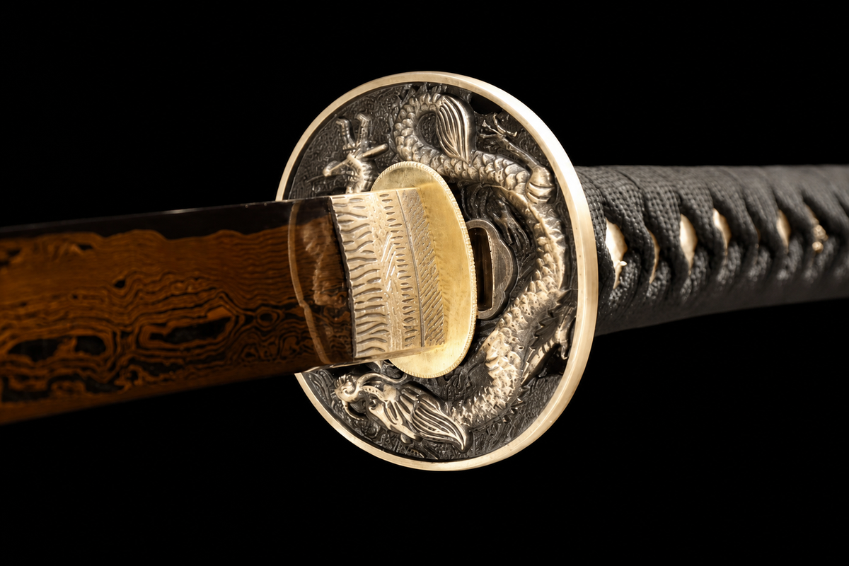 Hand-Painted Saya Katana — Sanmai Folded Steel, Gold Chrysanthemum — tsuba mount detail