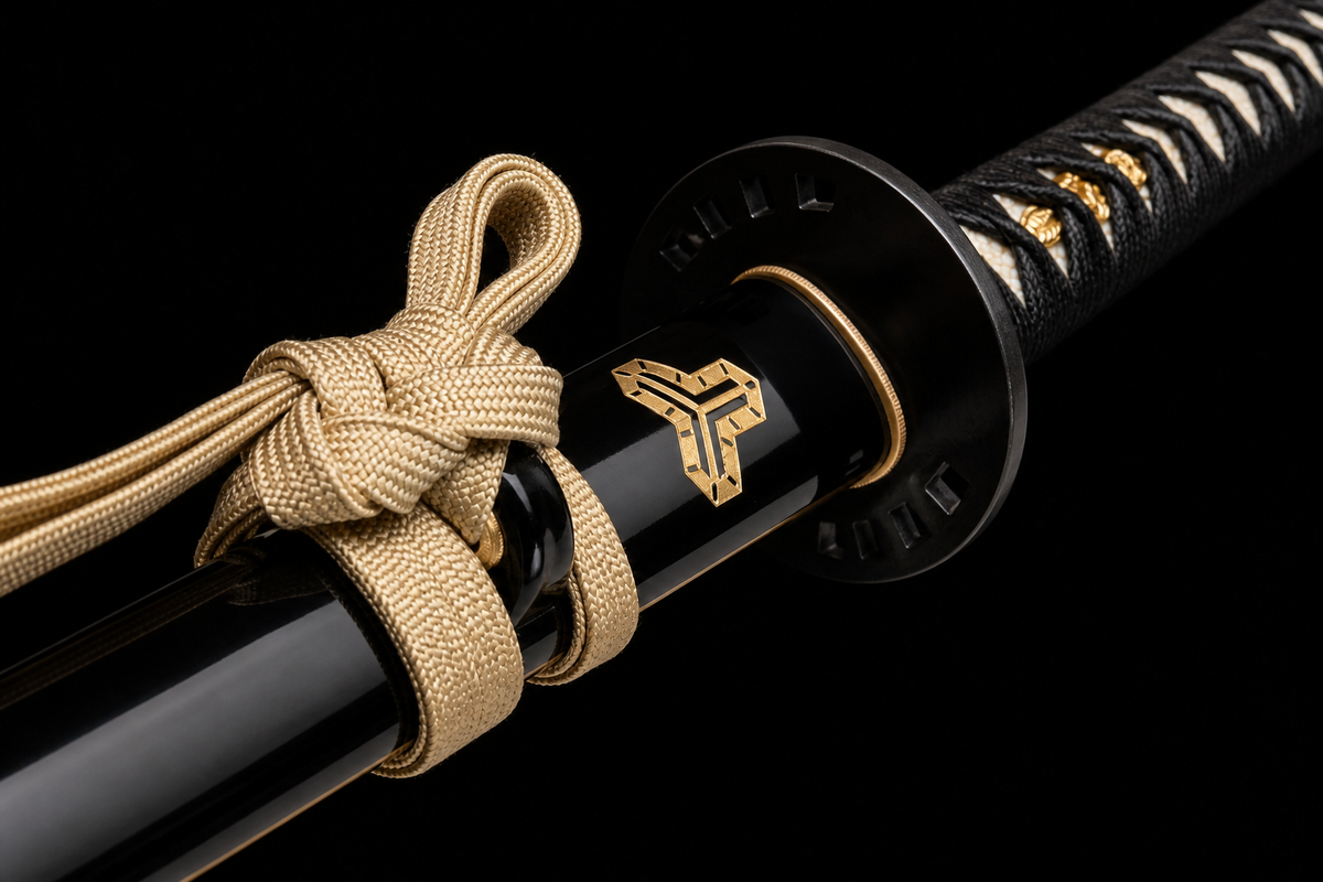 Mirror-Polished Katana — 5160 Spring Steel, Black Kamon Saya, Iron Tsuba — tsuba detail