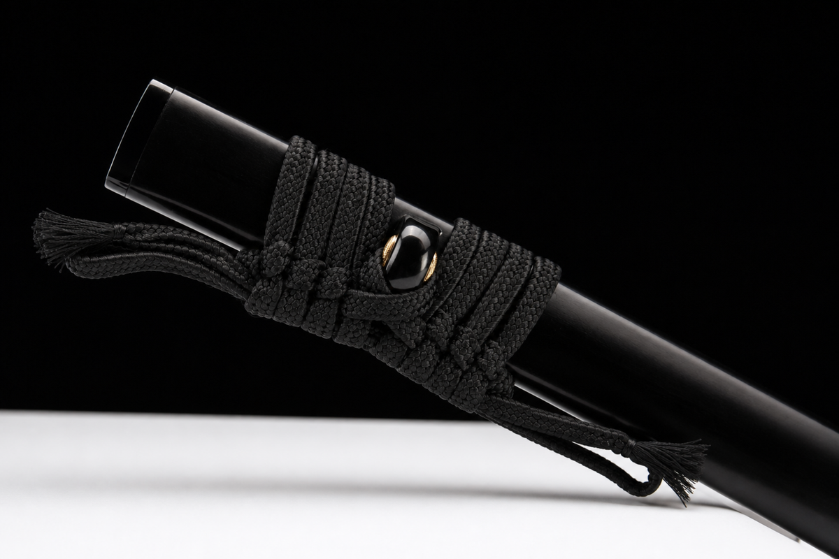 Unsharpened Black Sakura Collector Katana — 1065 Steel, Piano-Lacquer Saya — saya and sageo detail