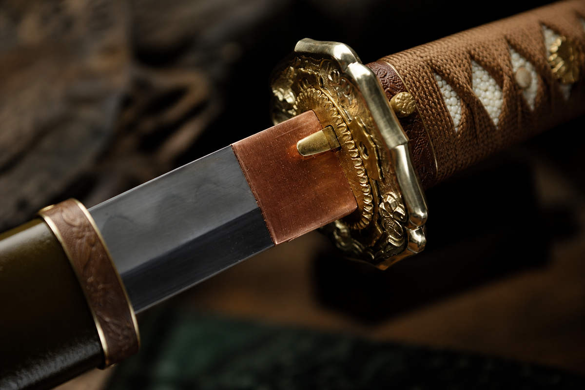 Kobuse Jigane Type 98 Sword — Brown Ito, Olive Iron Saya — photograph 5