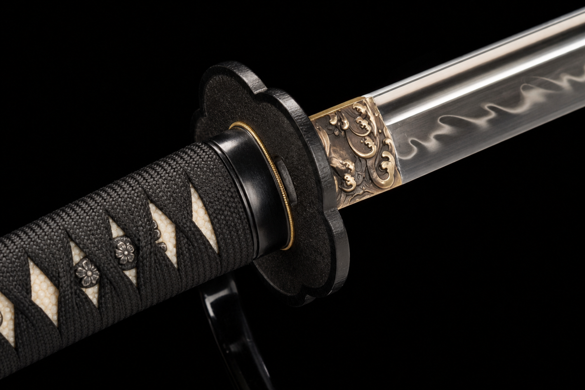 Wave-Hamon Katana — Clay-Tempered T1095, Bo-Hi and True Yokote — tsuba detail