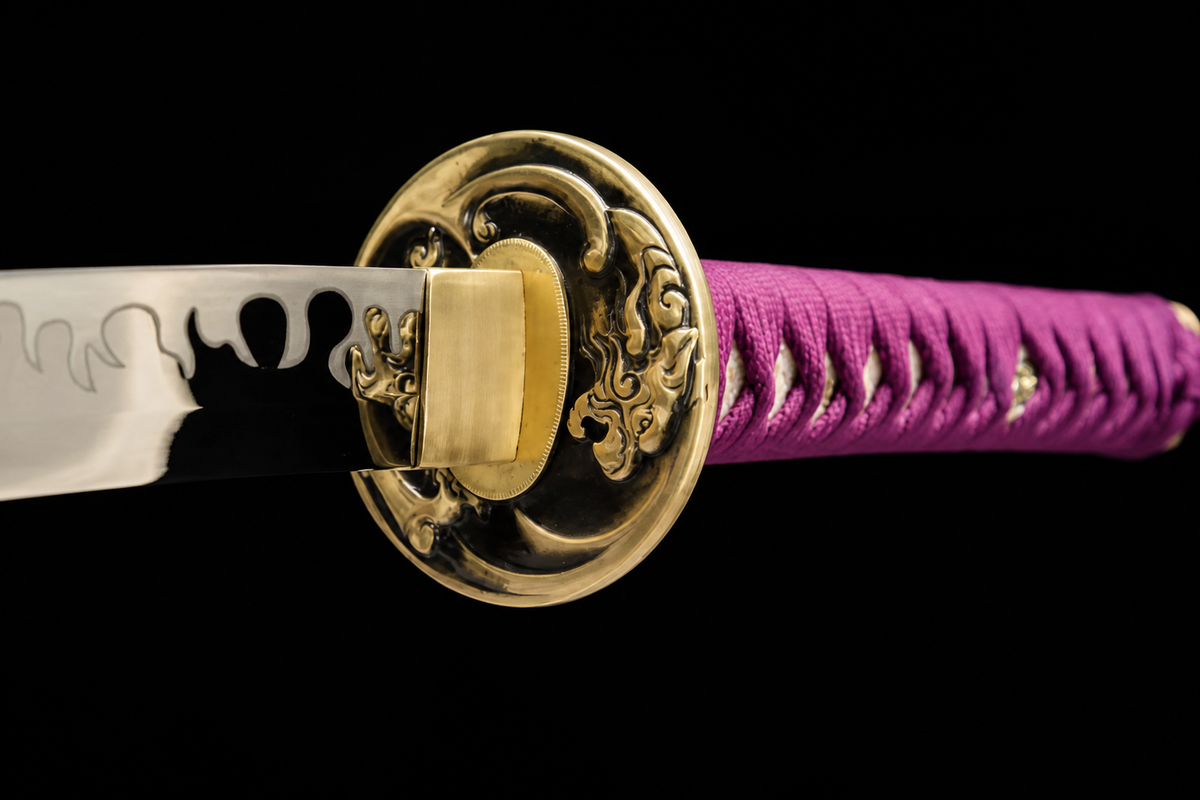 Unsharpened Copper-Mounted Collector Katana — 5160 Spring Steel, Cypress Lacquer Saya — tsuba detail